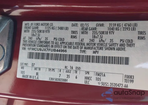 2015 Ford Escape Titanium from USA, damaged, VIN 1FMCU9JX7FUB44966